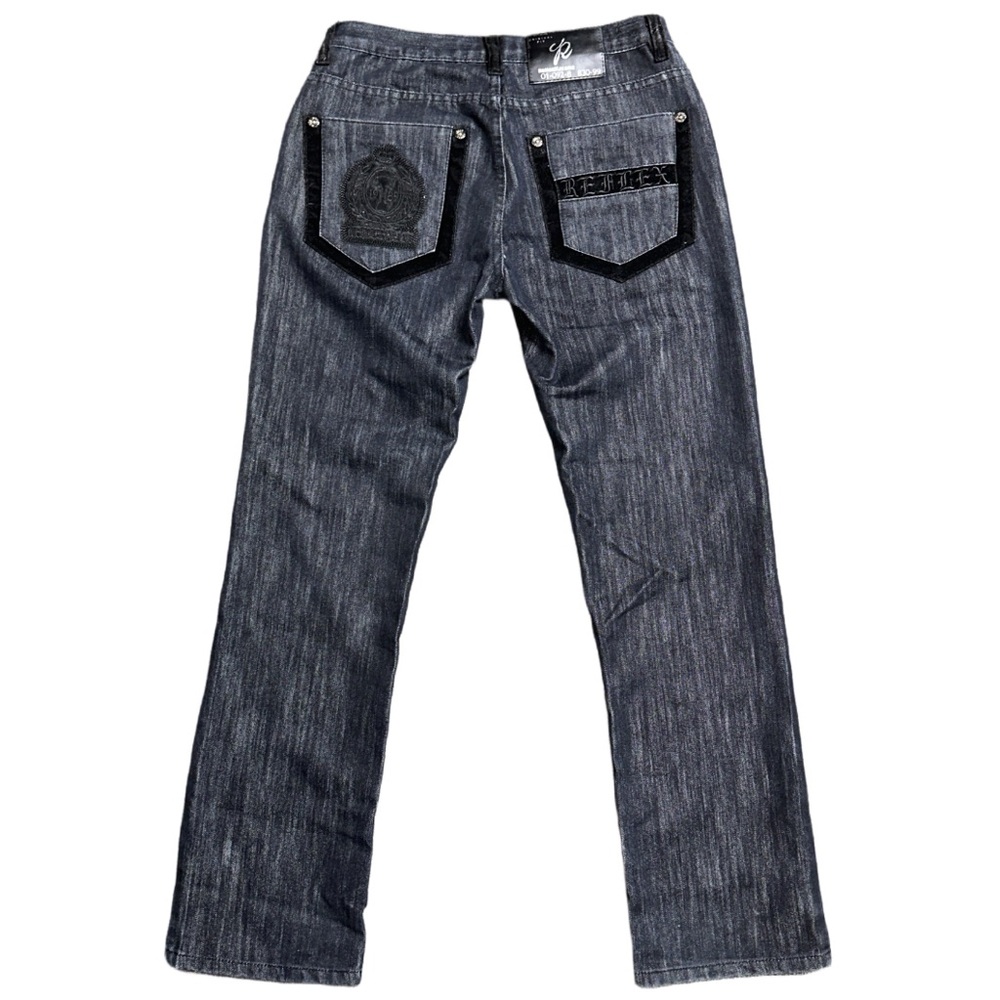 Y2K REFLEX JEANS men's black embroidered velvet detail low straight jeans, 34".